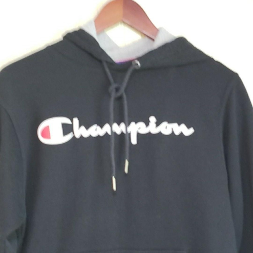 Champion Hoodie Mens Small Black Fleece Pullover Script Logo Athletic Top